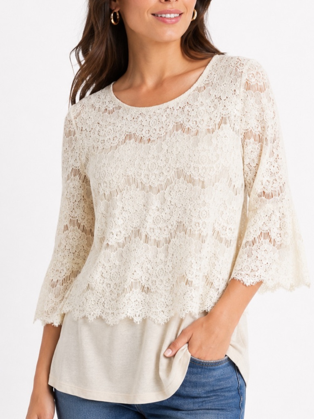 Pleione Ivory Lace Tunic Blouse L Scalloped Bell Sleeve Romantic Boho Top